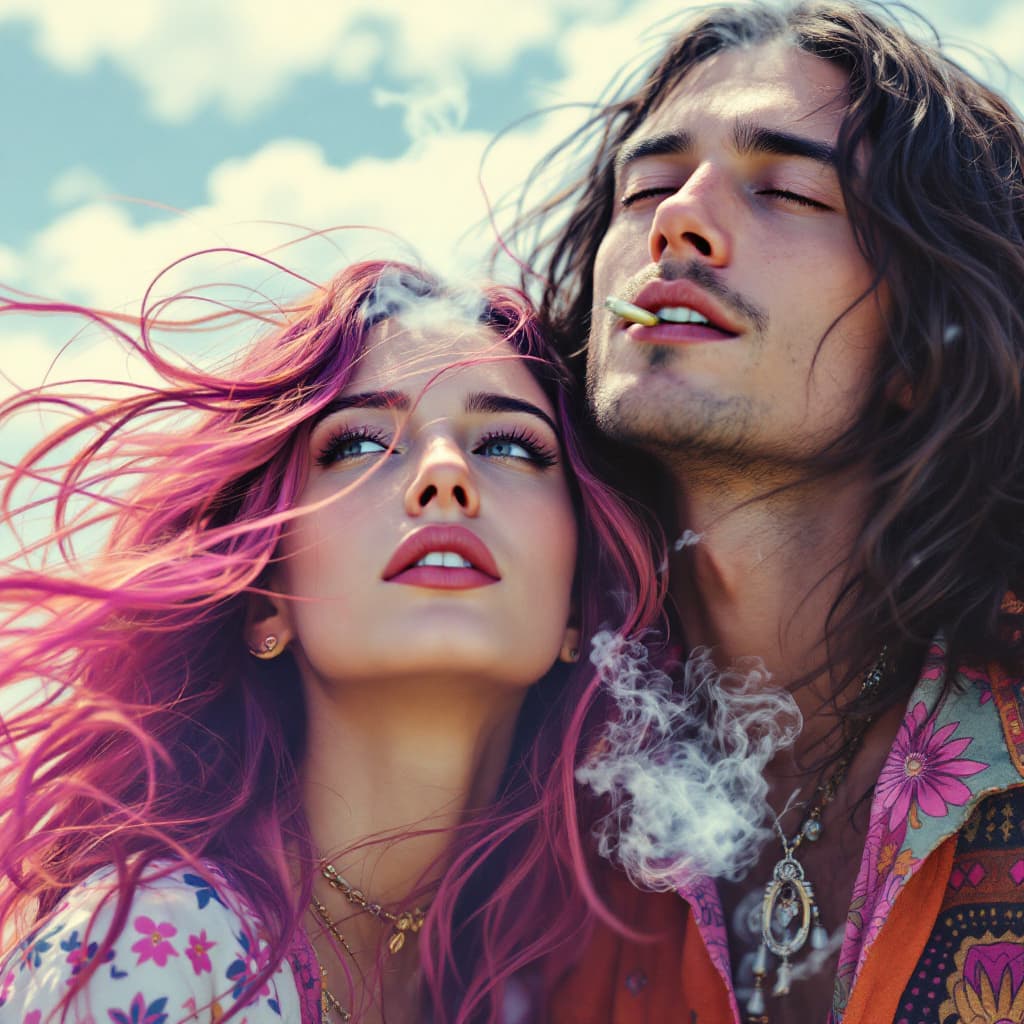 AI generated: A hippy girl and her hippy boyfriend from the 60's. Highly detailed. Their hair blowing in the wind....