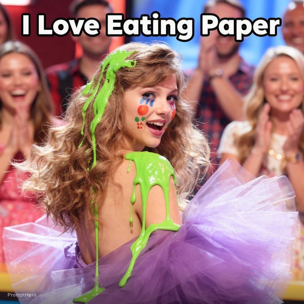 AI generated: Taylor swift covered in green, mucky slime, wearing clown makeup, with the caption "I Love Eating Pa...