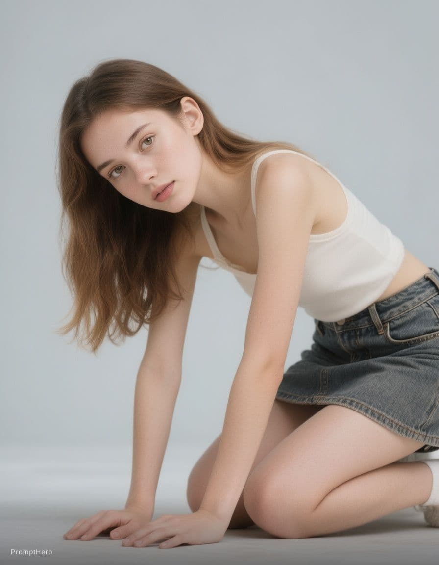 AI generated: a girl in refference file in a kneeling pose on the ground, leaning forward with both arms supportin...