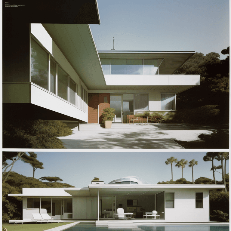AI generated: Hyper realistic eye level exterior photo of a mid century modern style house overlooking the ocean, ...