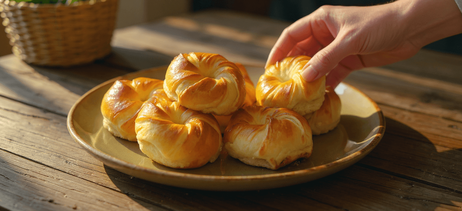 AI generated: A realistic cinematic food close-up of freshly baked round golden sweet buns, without sesame seeds, ...