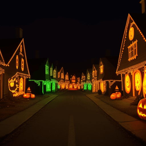 AI generated: a town in the Halloween season with houses decorated with many spooky decorations like jack o lanter...