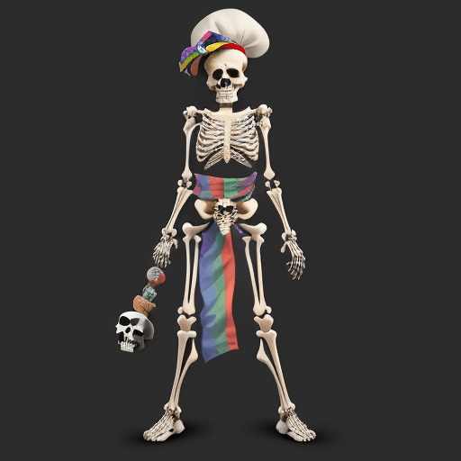 AI generated: full body view, full body shot, ultra-wide angle::5 a skeleton with rainbow bone, wear a roman sash,...