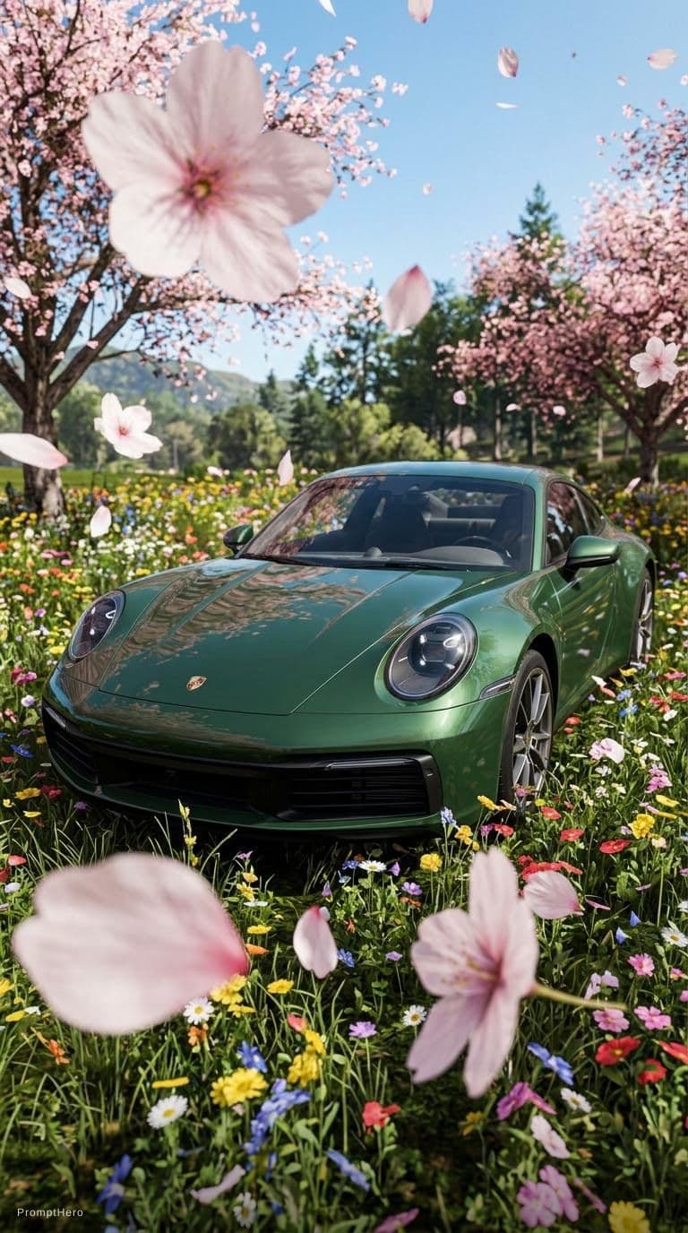 AI generated: extremely low shot of a forest green porche 911 in a field of flowers, add sakura petals in the fore...
