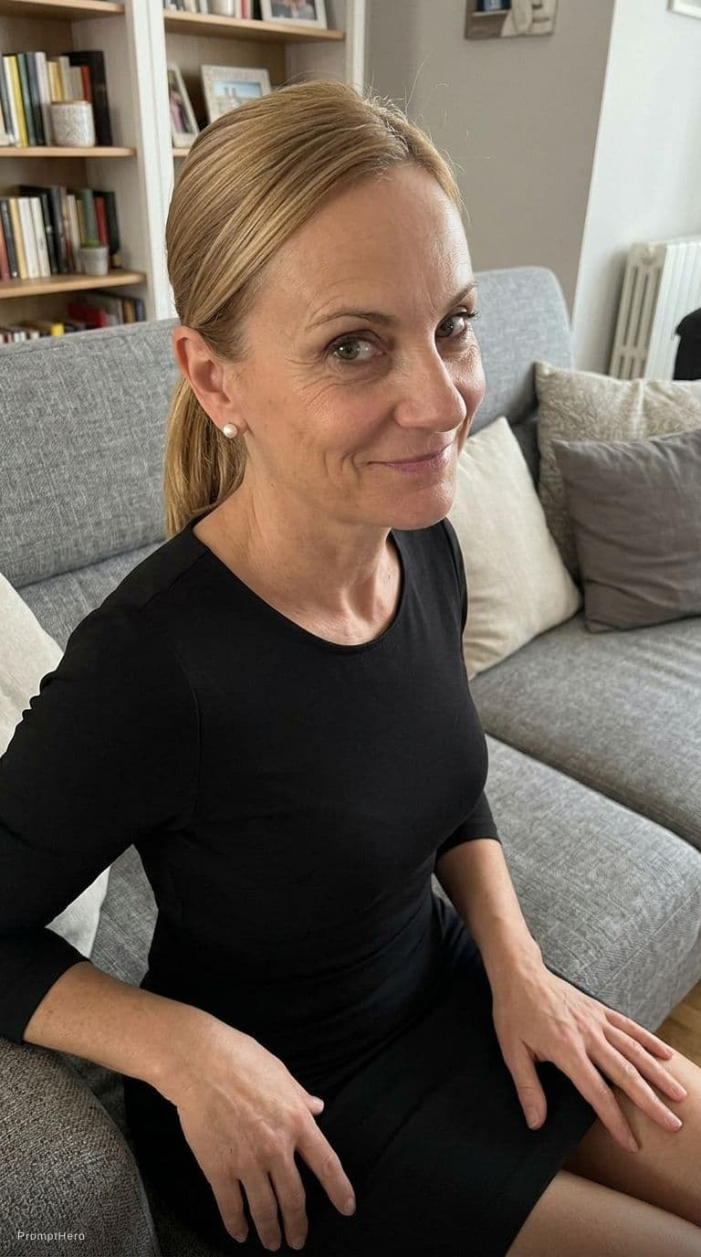 AI generated: Sitting on a couch, snapshot, wearing same bodycon dress at home, teasing, keep original makeup and ...