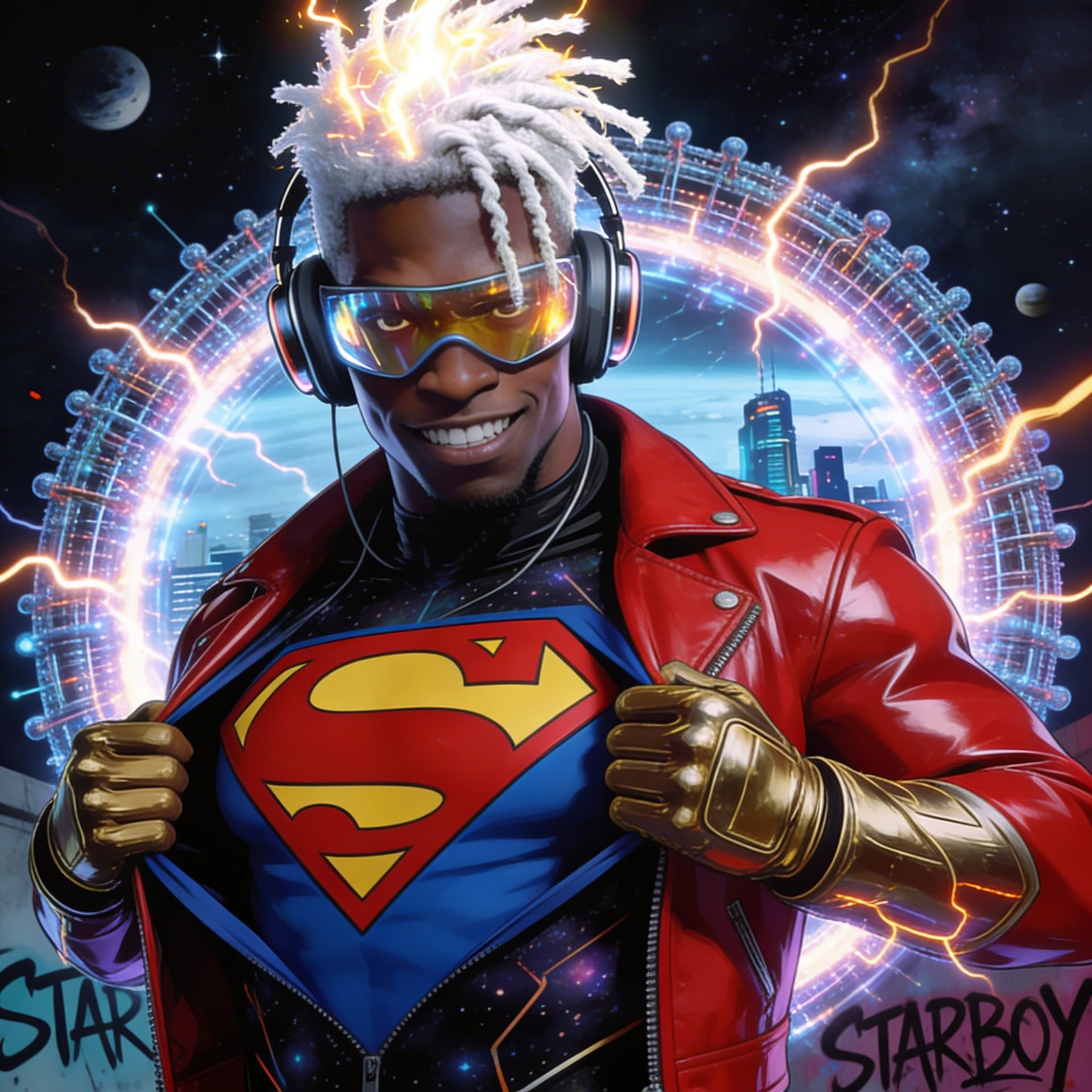 AI generated: closeup from the waist up of a 3d illustrated african american superHERO with white glowing short dr...