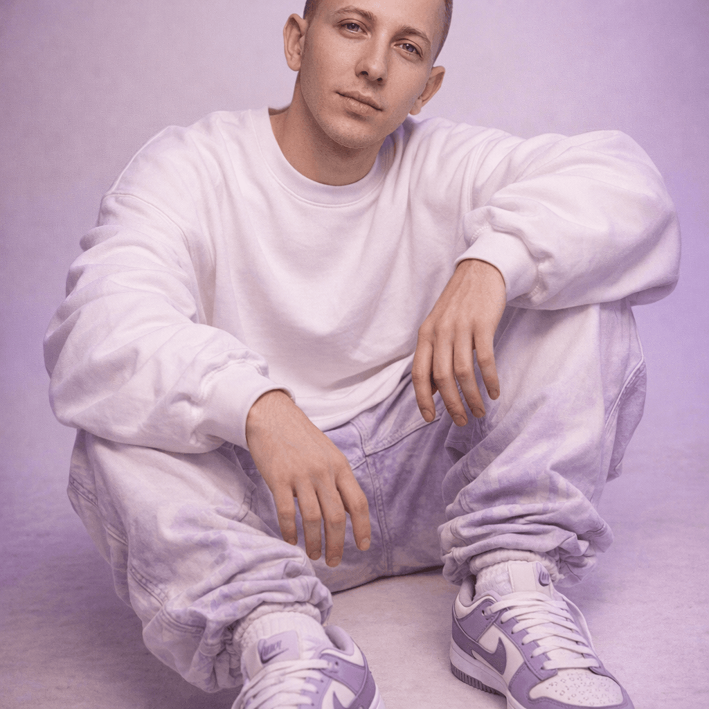 AI generated: Oversized white sweatshirt, white purple oversized combat jean, styled with footwear: white purple n...