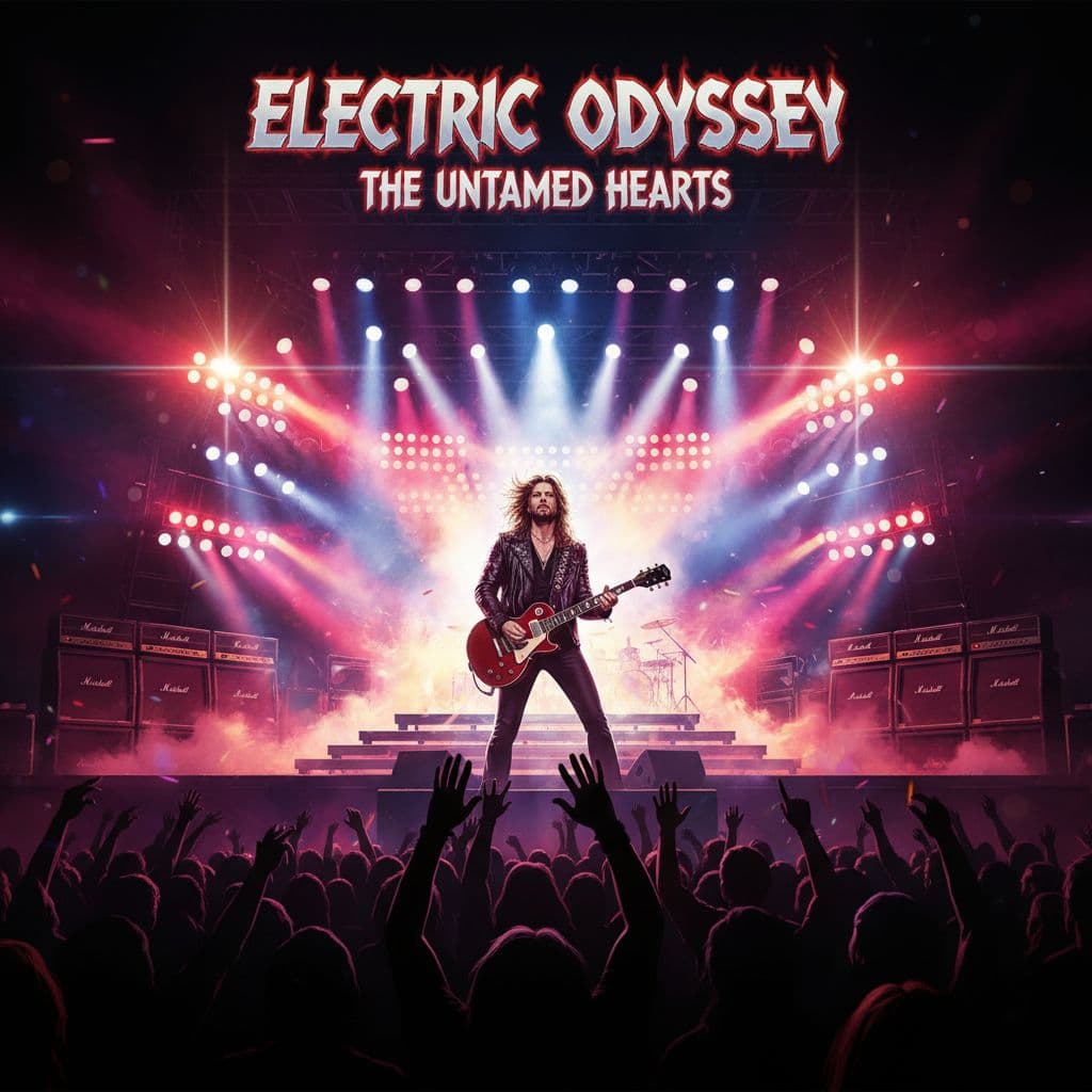 AI generated: A dynamic rock album cover featuring a lone singer on a huge stage, holding an electric guitar, surr...