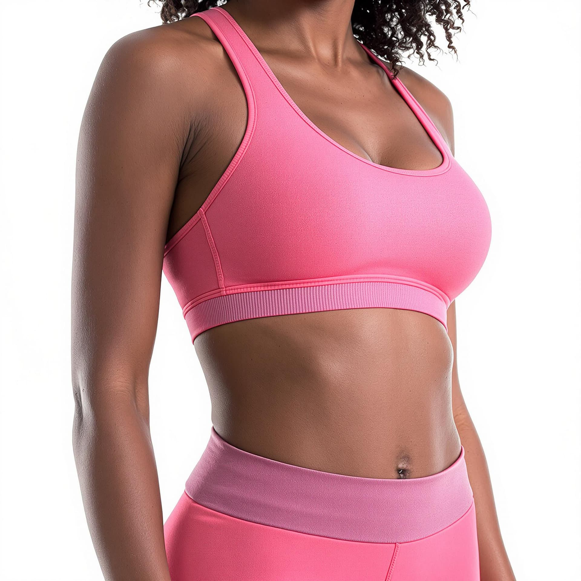 AI generated: a black woman wearing pink sports bra and matching leggings. The backdrop is white.