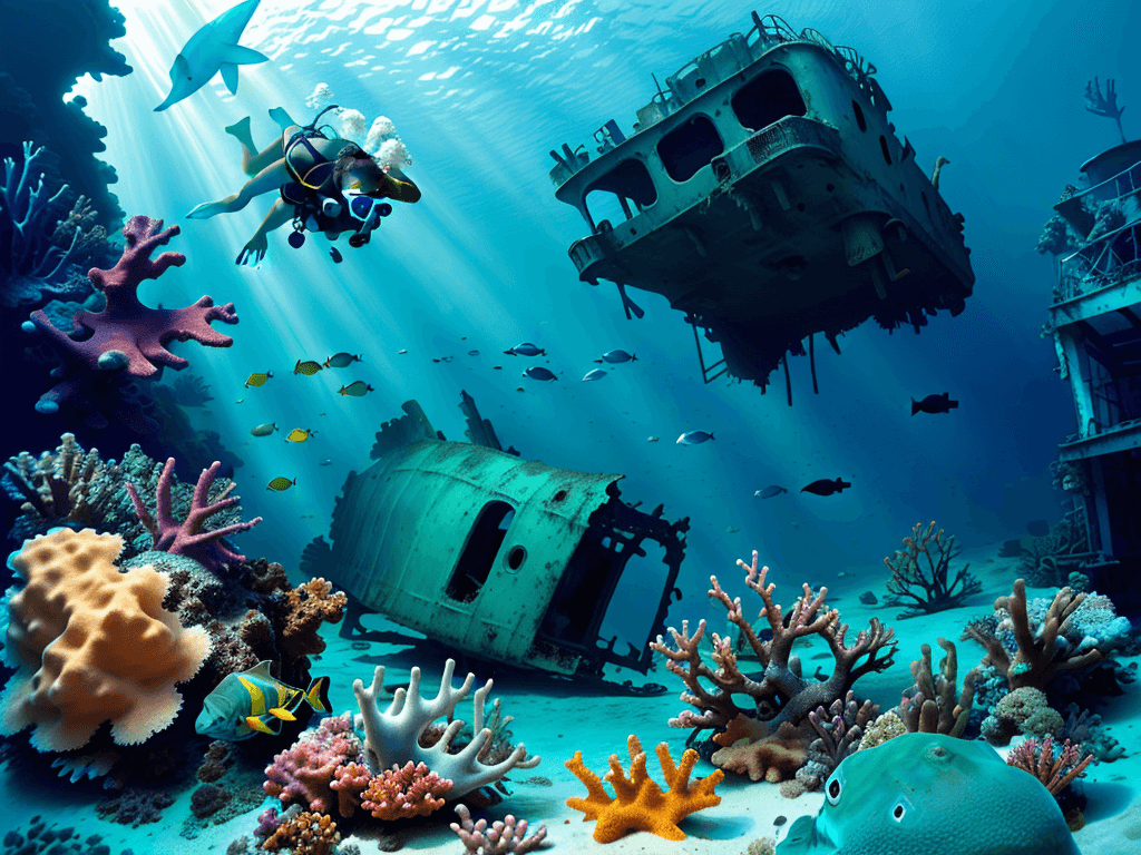 AI generated: Diving photo of caribbean sea, old wreck on the sand, green turtle, flashy fishes, corals, sponge, d...