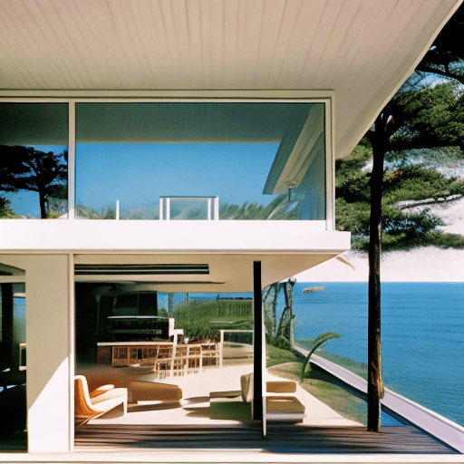 AI generated: Hyper realistic eye level exterior photo of a mid century modern style house overlooking the ocean, ...