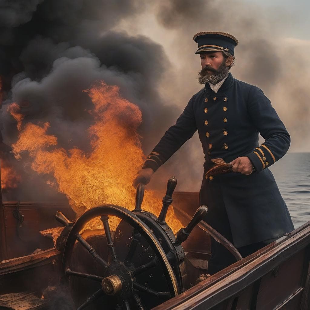 AI generated: burning Helmsman of a 19th century steamer is holding the rudder steering wheel firmly, while a fire...