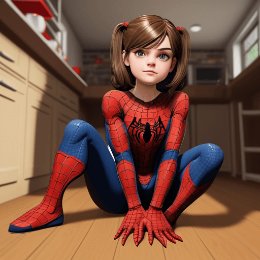 AI generated: roblox girl character sitting down
 in a house, brown hair, spiderman, cute



