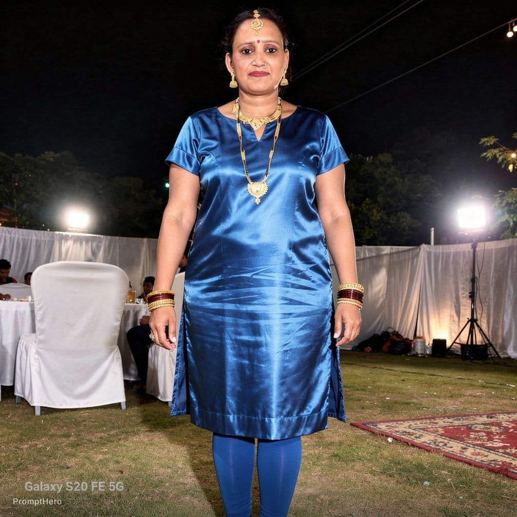 AI generated: Images generator full size photo satin nighty blue very short frock dress 100 % same face pura shari...