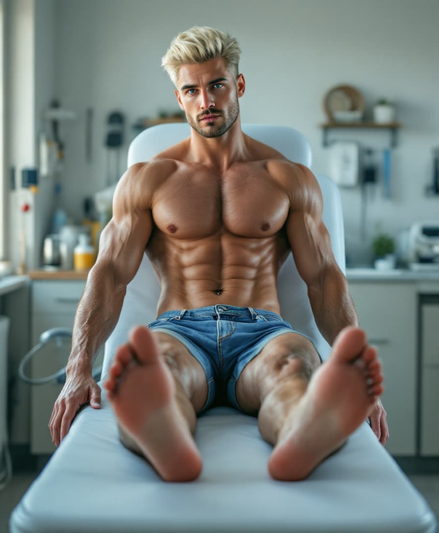 AI generated: high-resolution photo, full body standing, muscular male with platinum blonde hair, cutoff blue jean...