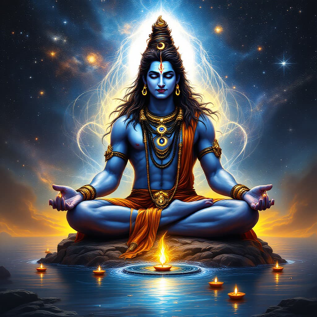 AI generated: A majestic depiction of Lord Shiva sitting in a meditative pose at the center of the universe, surro...