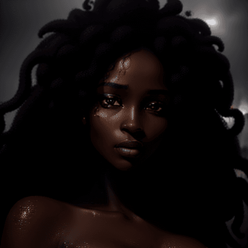 AI generated: An exquisite portrait of an African woman with fair skin and a realistic curly hair bathing in the p...
