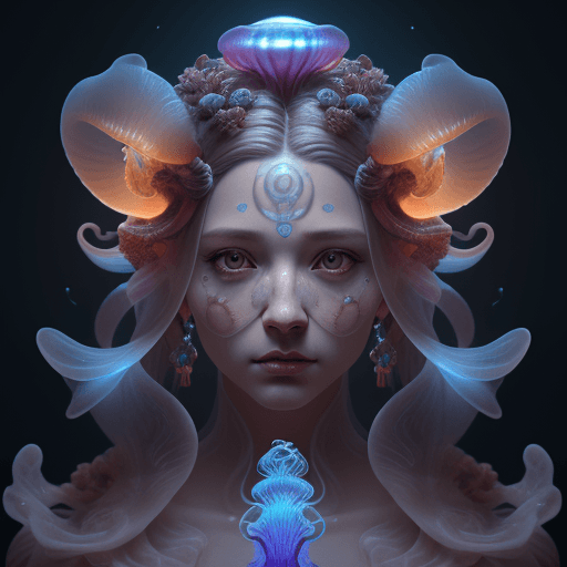 AI generated: Goddess close-up portrait ribcagel. jellyfish phoenix head, nautilus, orchid, skull, betta fish, bio...