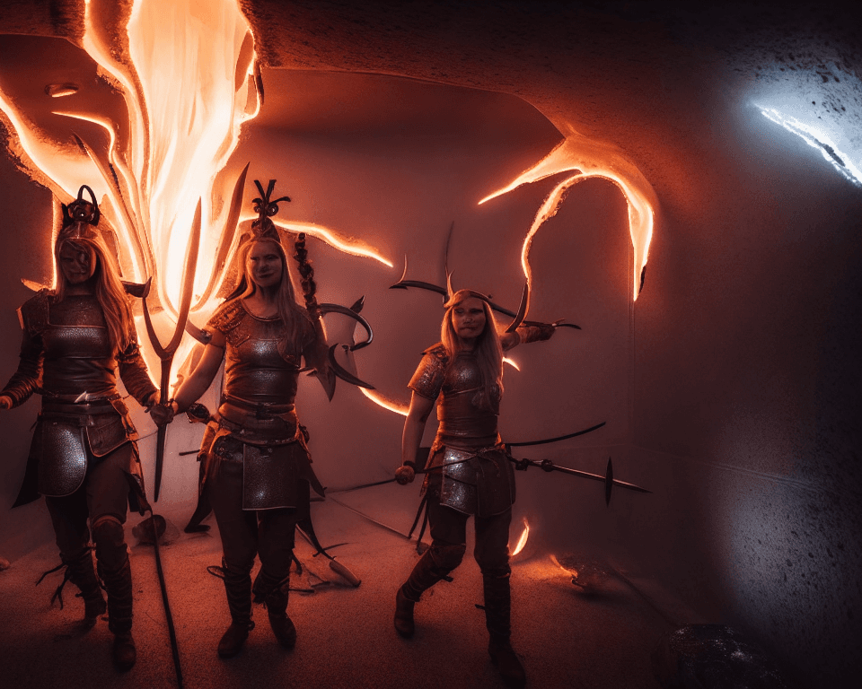 AI generated: two   female viking warriors are running wild  in a  futuristic corridor in a spaceship. the room is...