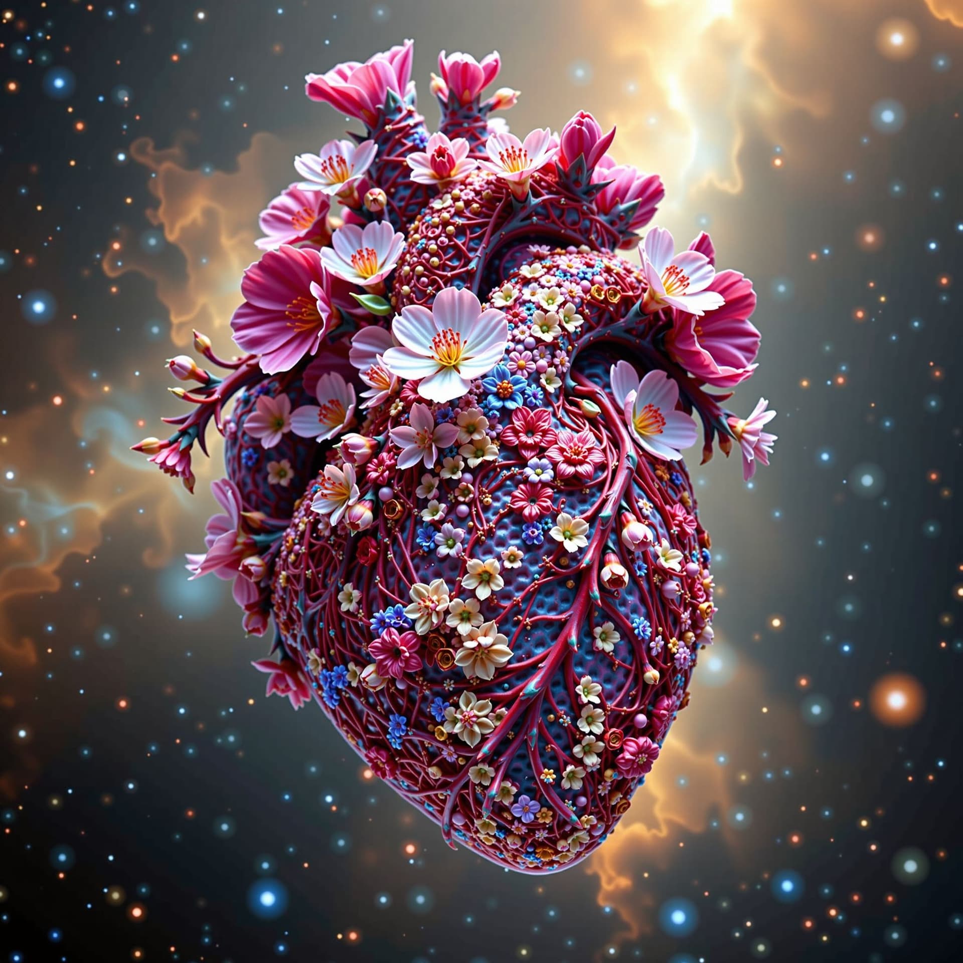 AI generated: An anatomical heart made of intricate, blooming flowers and tangled thorns, suspended in a nebula. S...