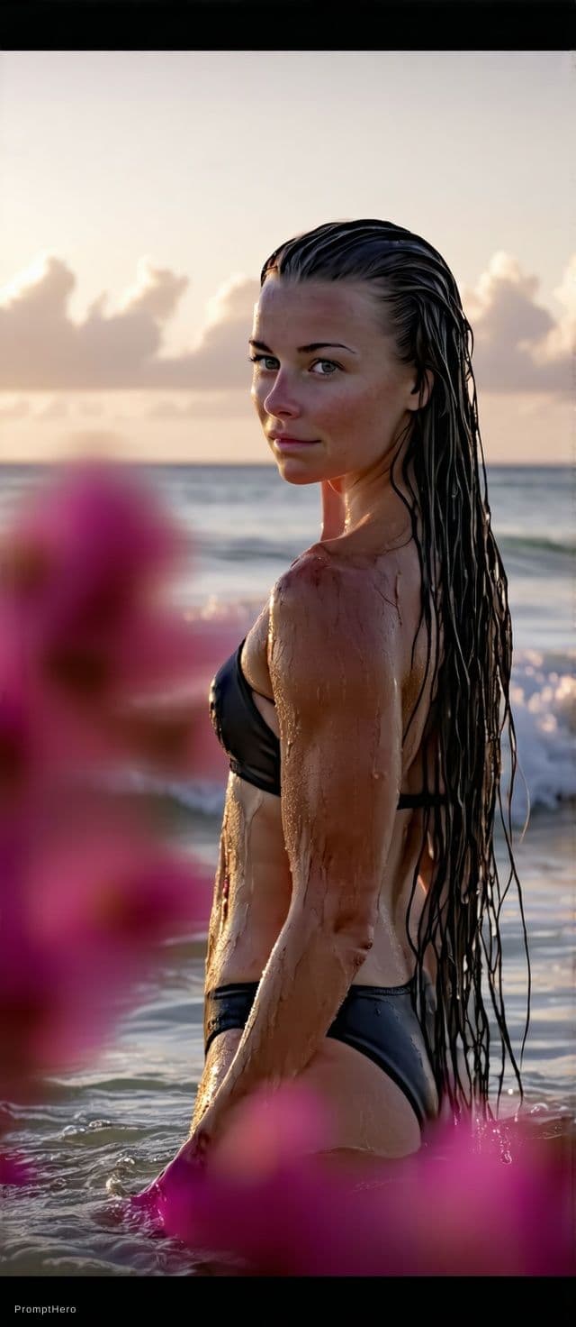 AI generated: A fit adult woman stands in shallow ocean water, wearing a black bikini. Her wet hair flows down her...
