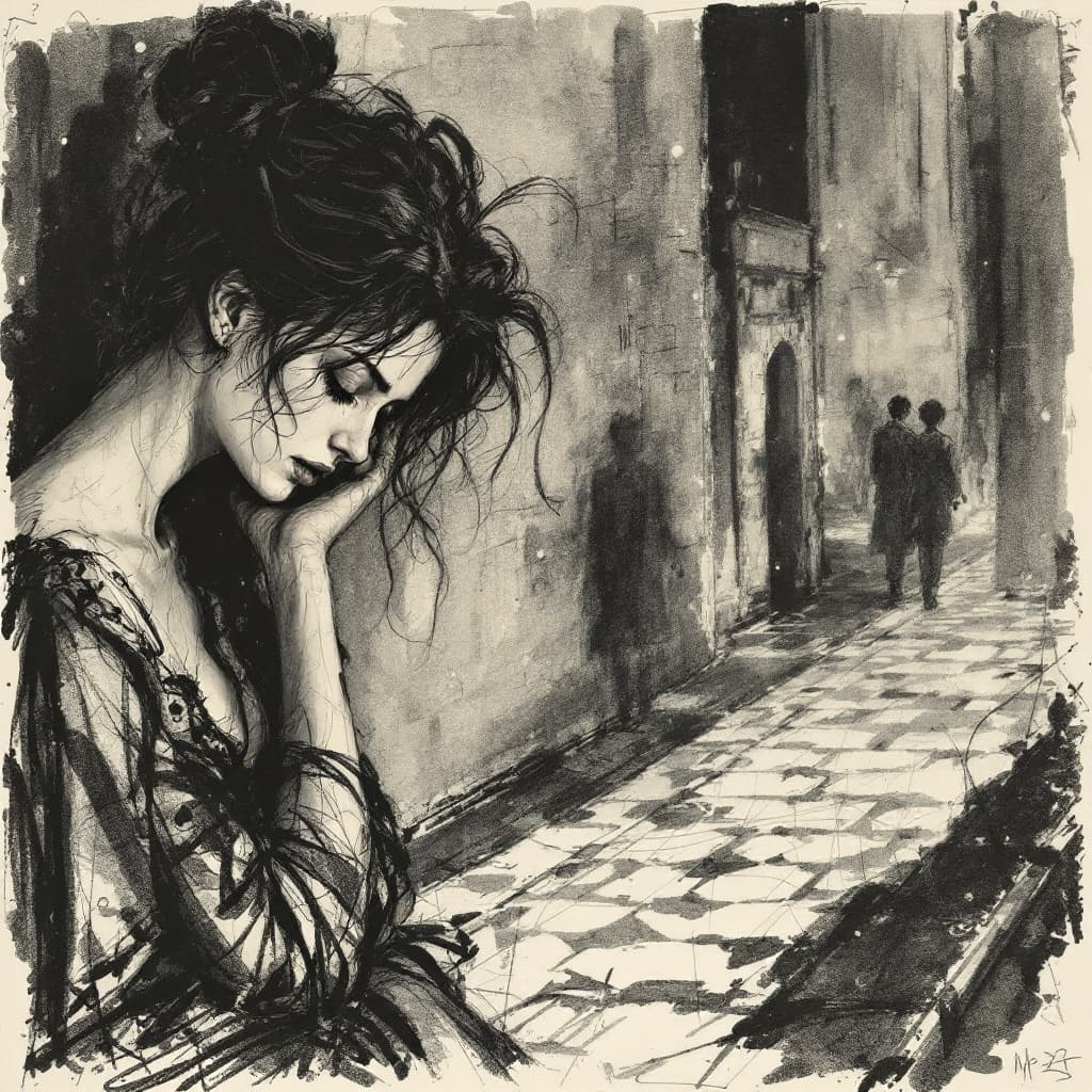 AI generated: pretty-young-wife-in a fantastic world-egon schiele-rudolf hausner-sketch art, night scene