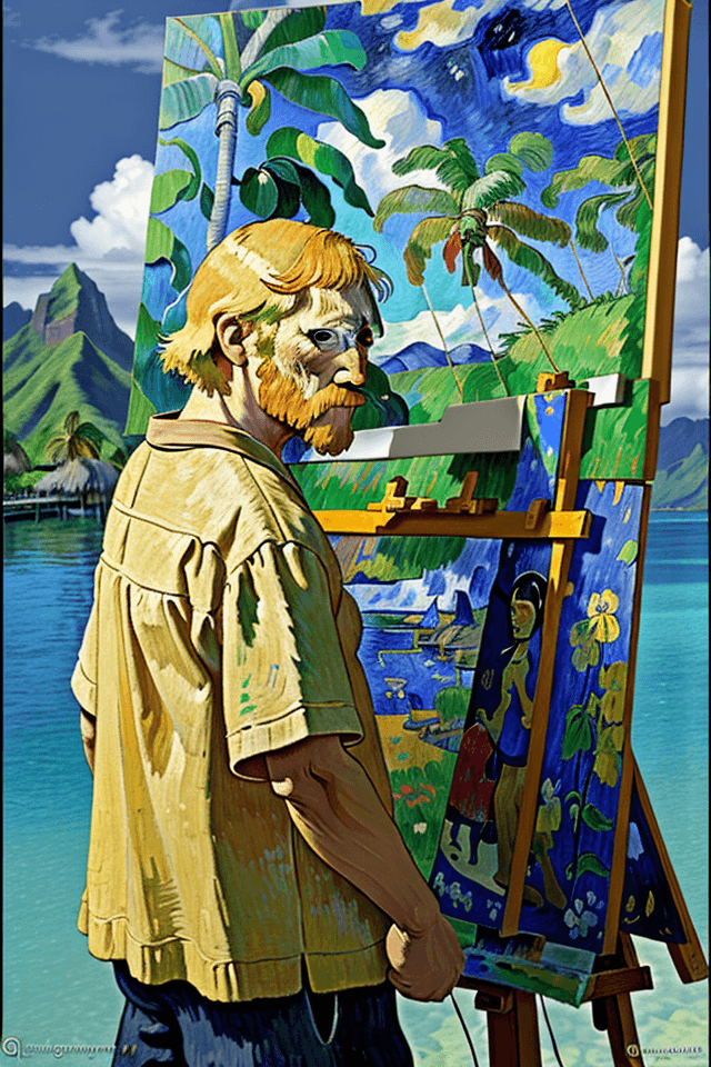 AI generated: Side view Gauguin style  Portrait of van Gogh standing in front of easel and painting in Gauguin sty...