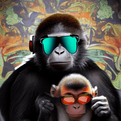 AI generated: action packed, The image features a (monkey wearing a tosca jacket:1.3), a black shirt, and a pair o...