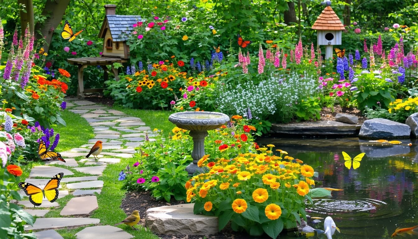 AI generated: Garden with lots of colorful flowers. Lots of butterflies. A few birds. Birdhouse and birdbath. Cobb...