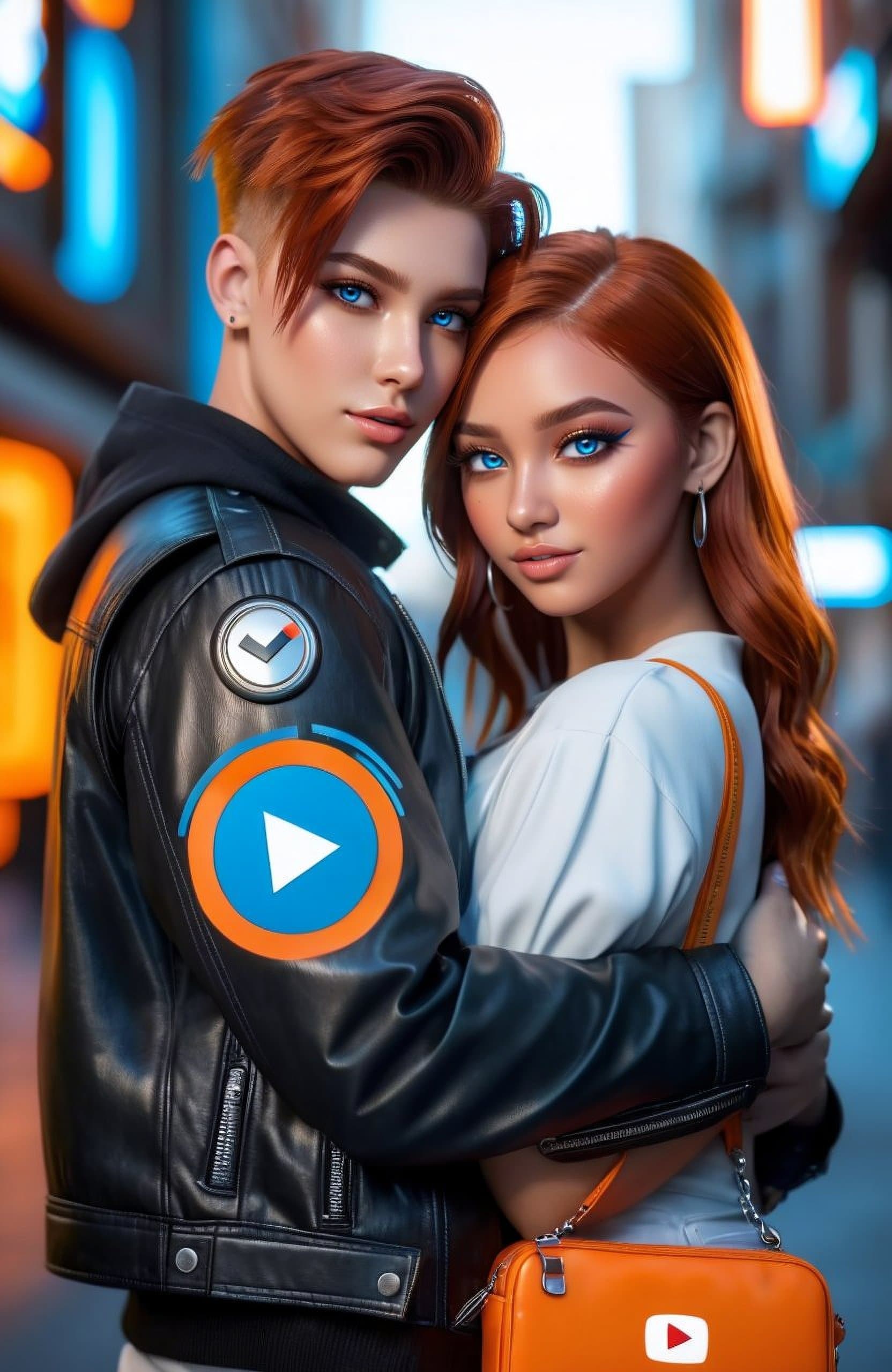 AI generated: a logo for a youtube channel, two boyfriends, a boy and a girl, the girl is red-haired with blue eye...