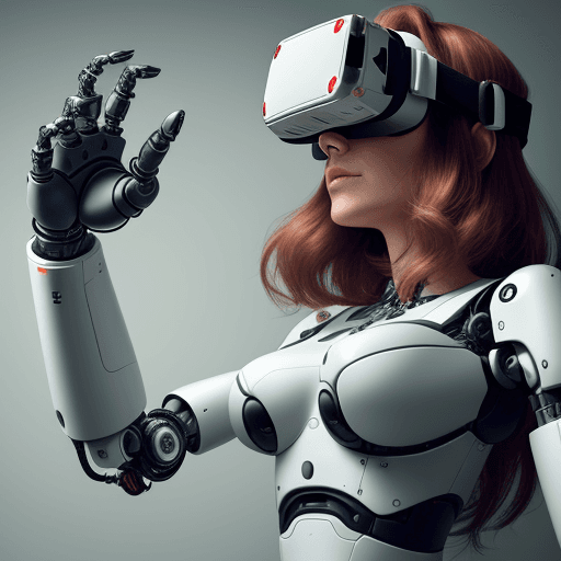 AI generated: 30 years old woman is trying robotic arm and VR