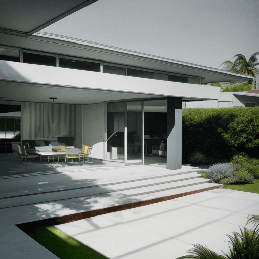 AI generated: Hyper realistic eye level exterior photo of a mid century modern style house overlooking the ocean, ...