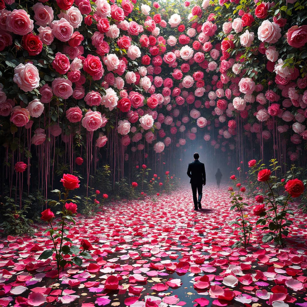AI generated: A red rose shines in front of an immense rose bush that creates a surreal wall of more various color...