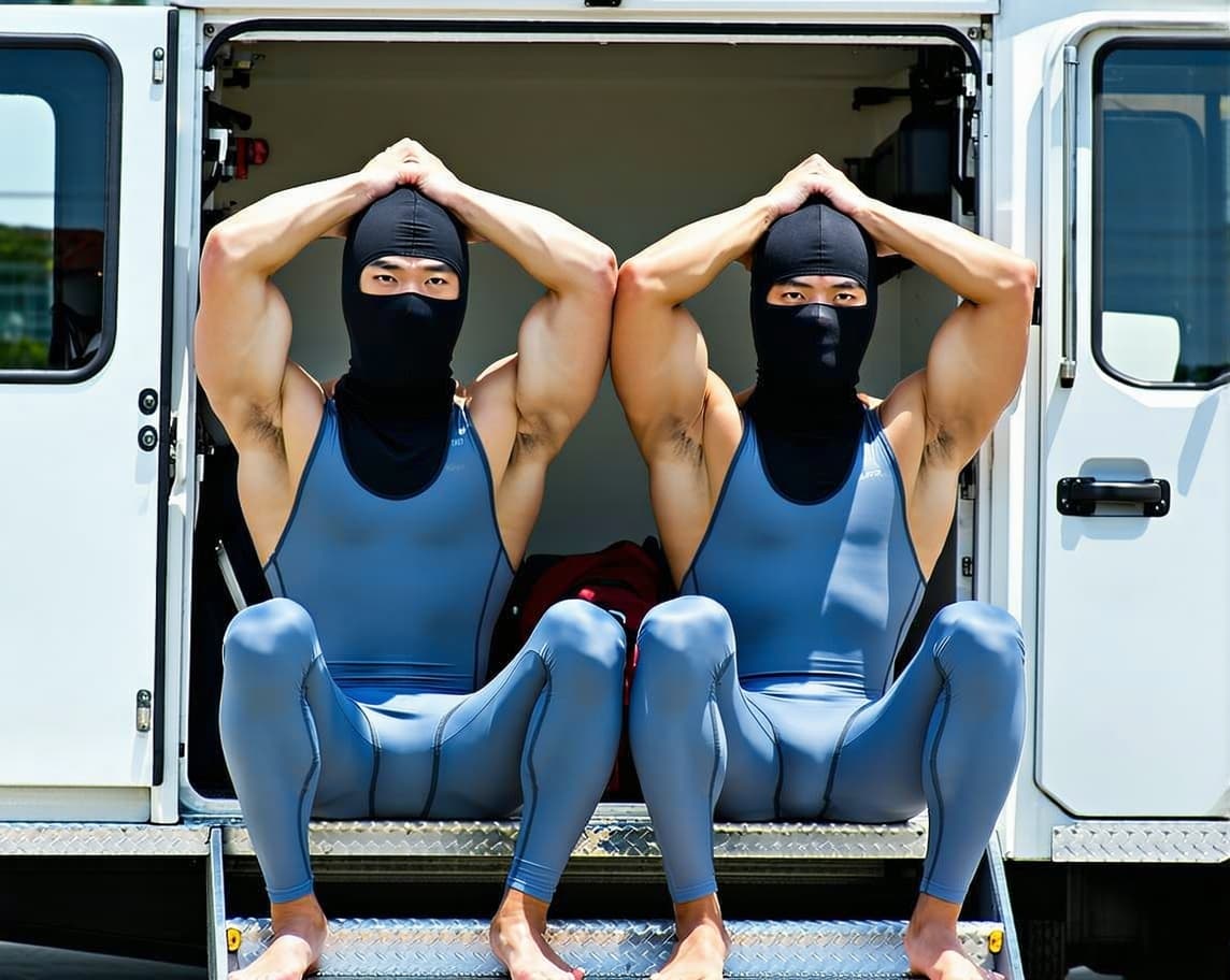 AI generated: Two male handsome Chinese strong swimmers wearing tight compression jammers shorts light navy colour...