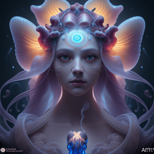 AI generated: Goddess close-up portrait ribcagel. jellyfish phoenix head, nautilus, orchid, skull, betta fish, bio...