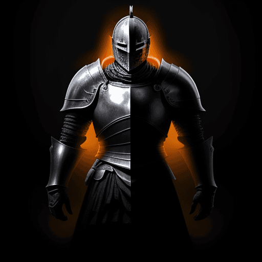 AI generated: knight in a black room. with glowing orange eyes all arownd him.