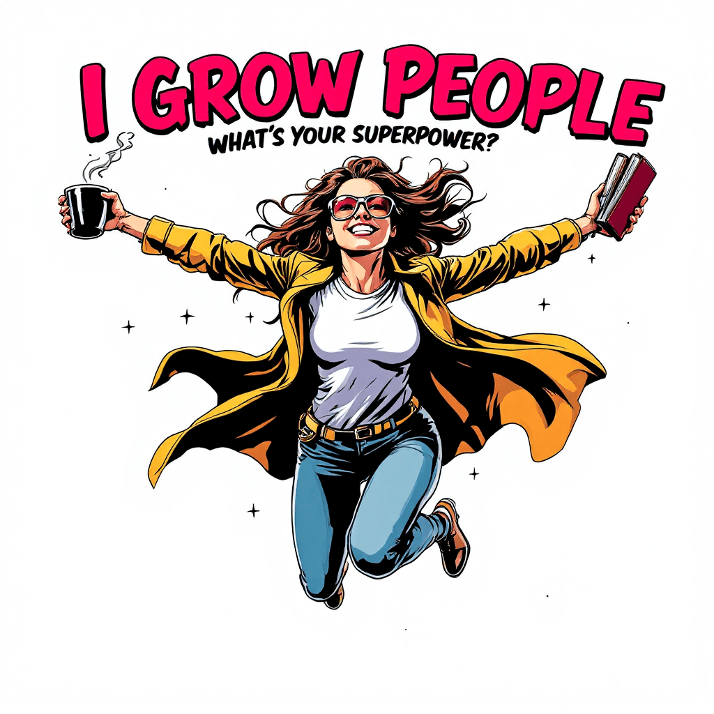 AI generated: A white background, dynamic, comic-style female teacher superhero flying with books in one hand and ...