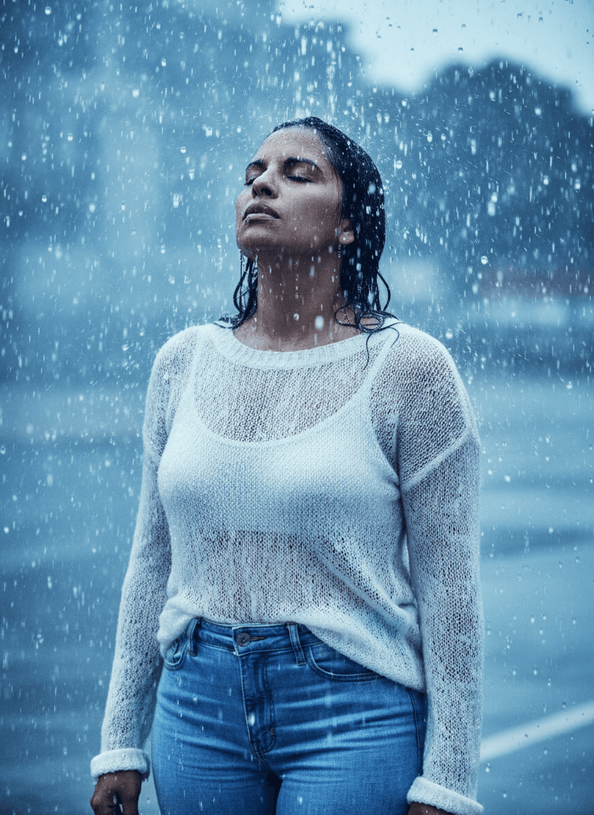 AI generated: Create an image with the attached photo of an elegant woman standing in intense rain, soaked, and a ...