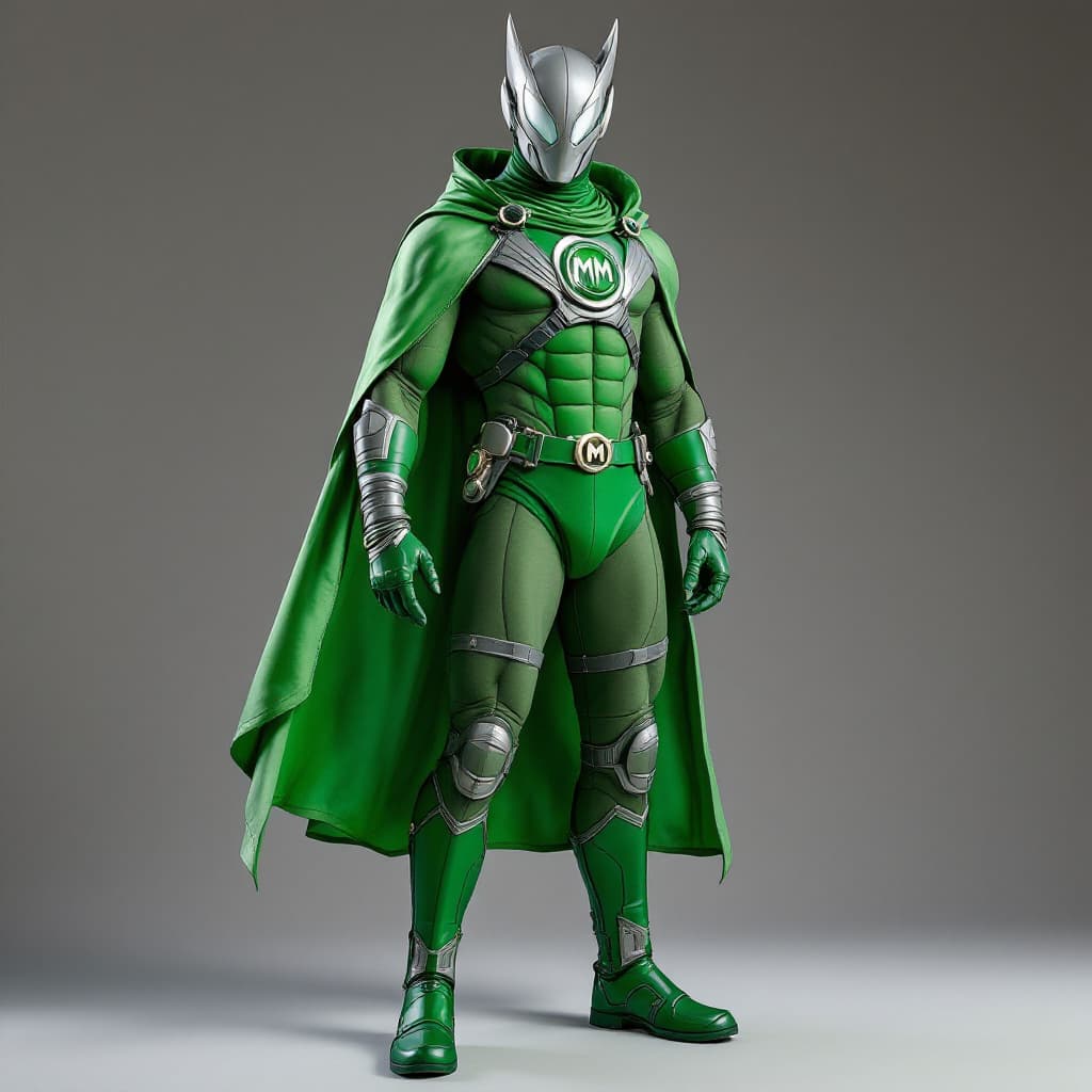 AI generated: hyper real EDDIE MURPHY IN A Green/grey spandex Meteor Man costume, grey spandex body suit, long sle...