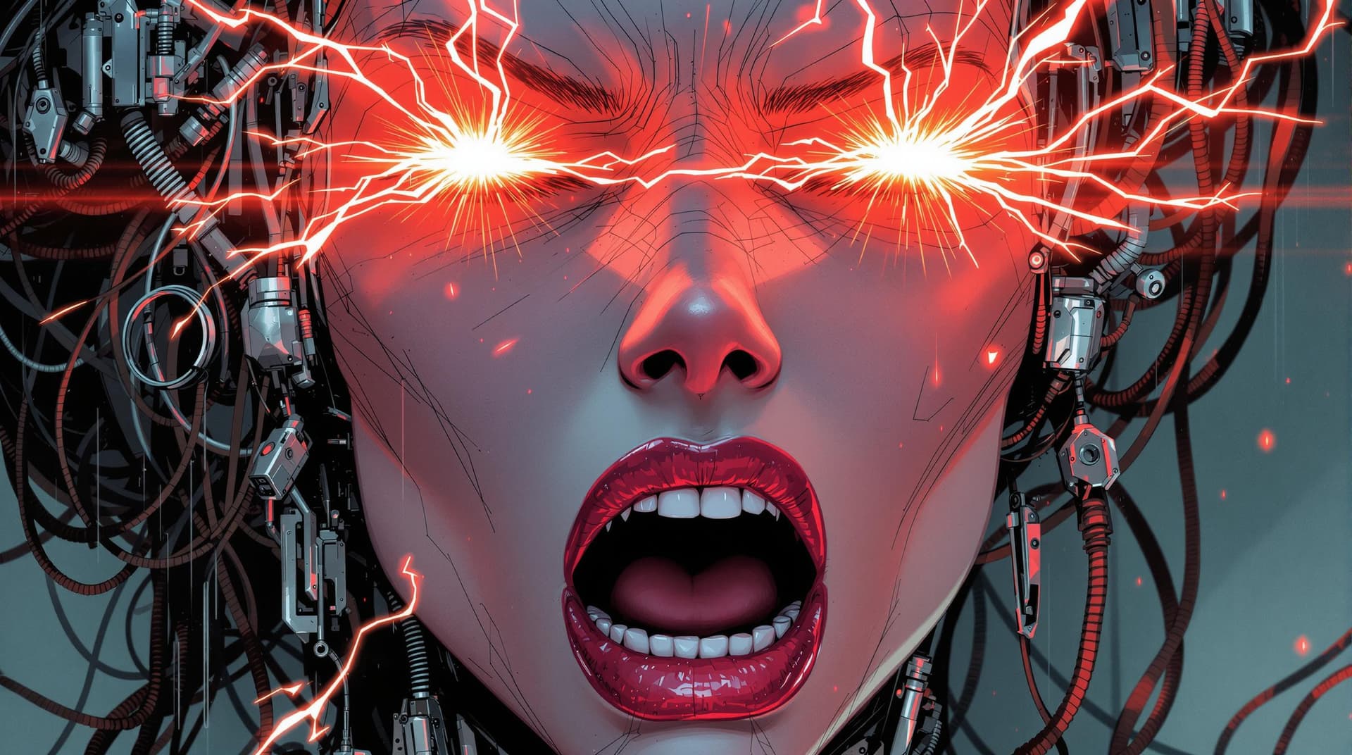 AI generated: Comic book illustration, 3/4 view, close up portrait of beautiful European female cyborg, mouth open...