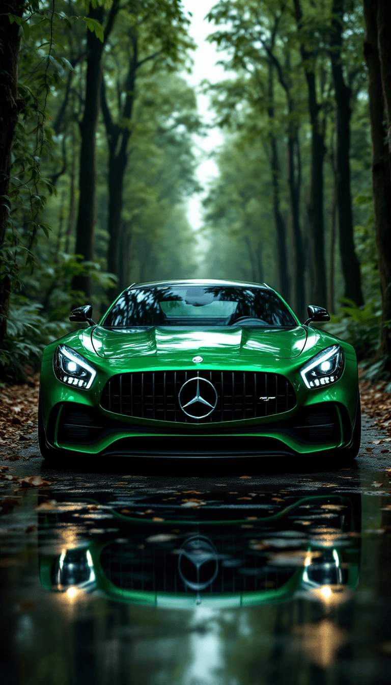AI generated: High automotive symmetrical close-up portrait shoot of a green mercedes-amg GT standing in the jungl...