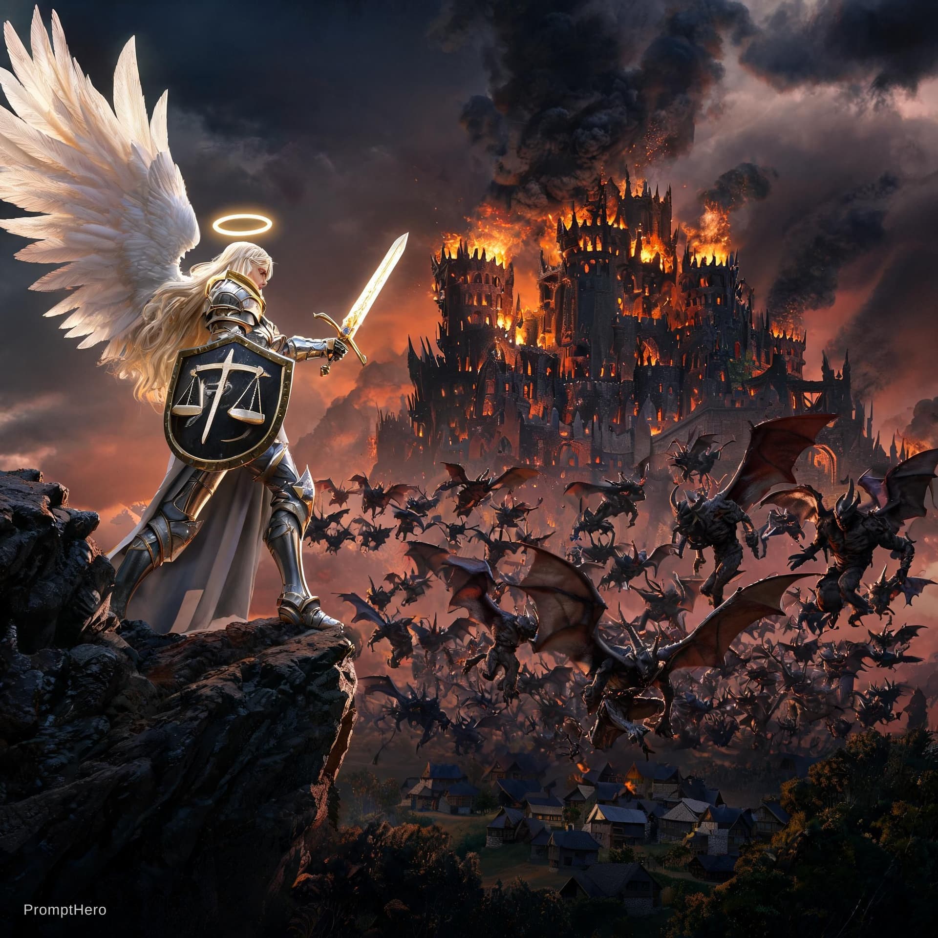 AI generated: 
"The angel of justice is constantly preparing for battle, watching a demon castle burn. The terrify...