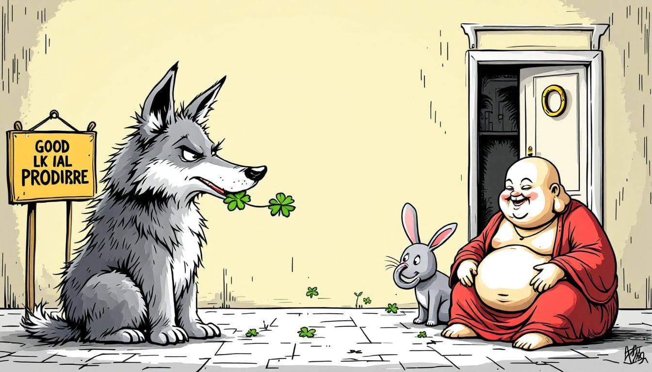 AI generated: I'd like a funny, ironic illustration based on the Italian phrase in highlight "in bocca al lupo," w...