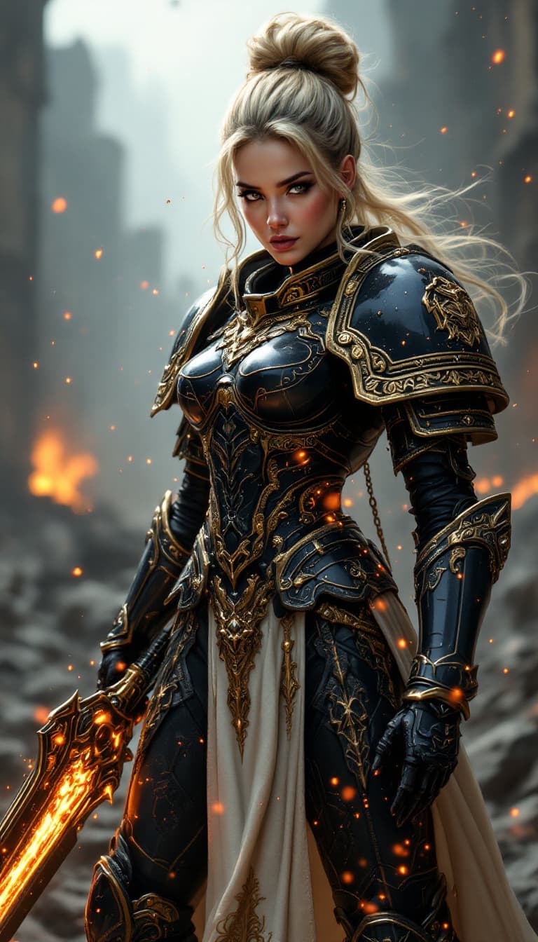 AI generated: A dynamic angle, full-body view, realistic portrait of a female space marine, her blonde hair styled...