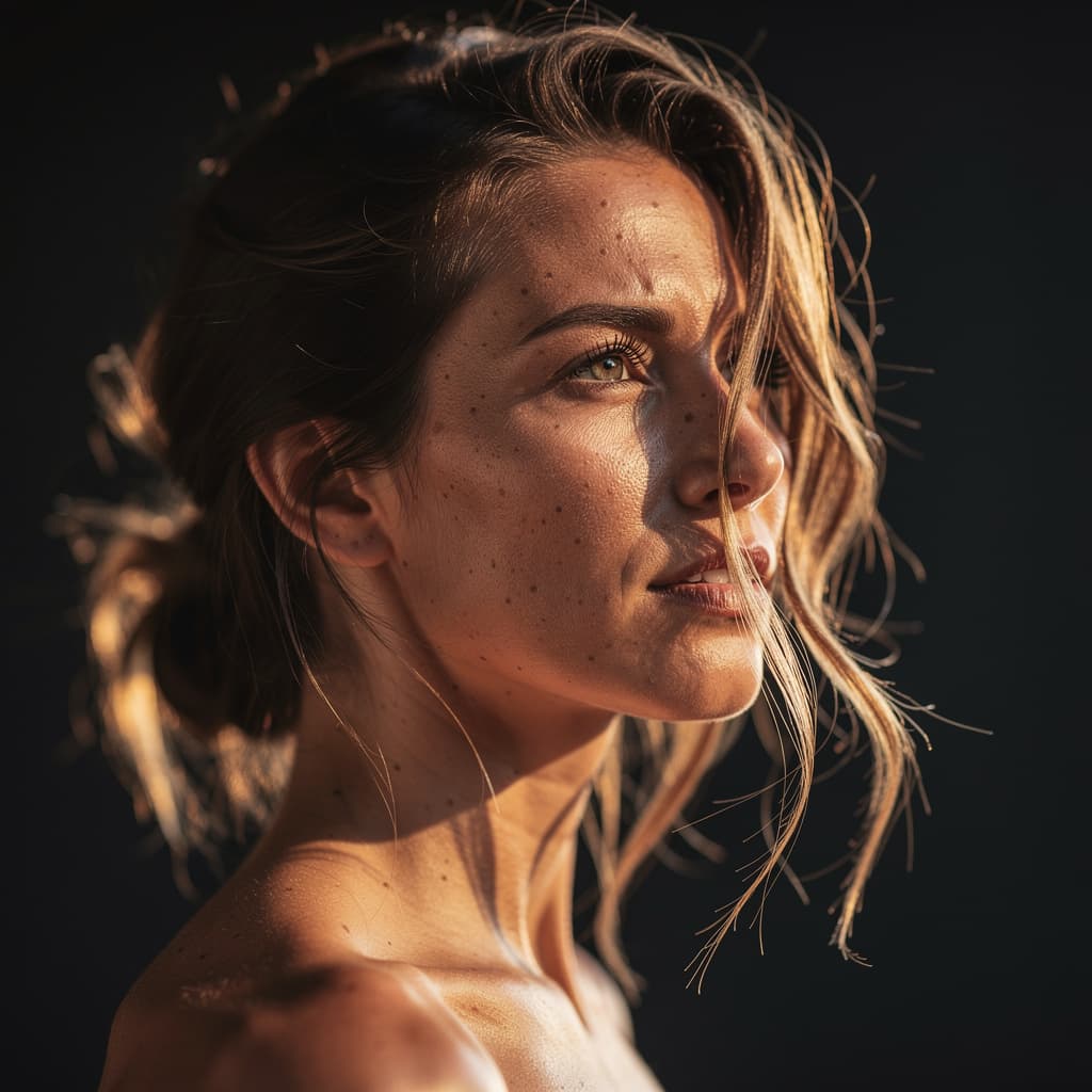 AI generated: Create a close-up shot of a fit adult woman's face captured from a low angle against a dark backgrou...