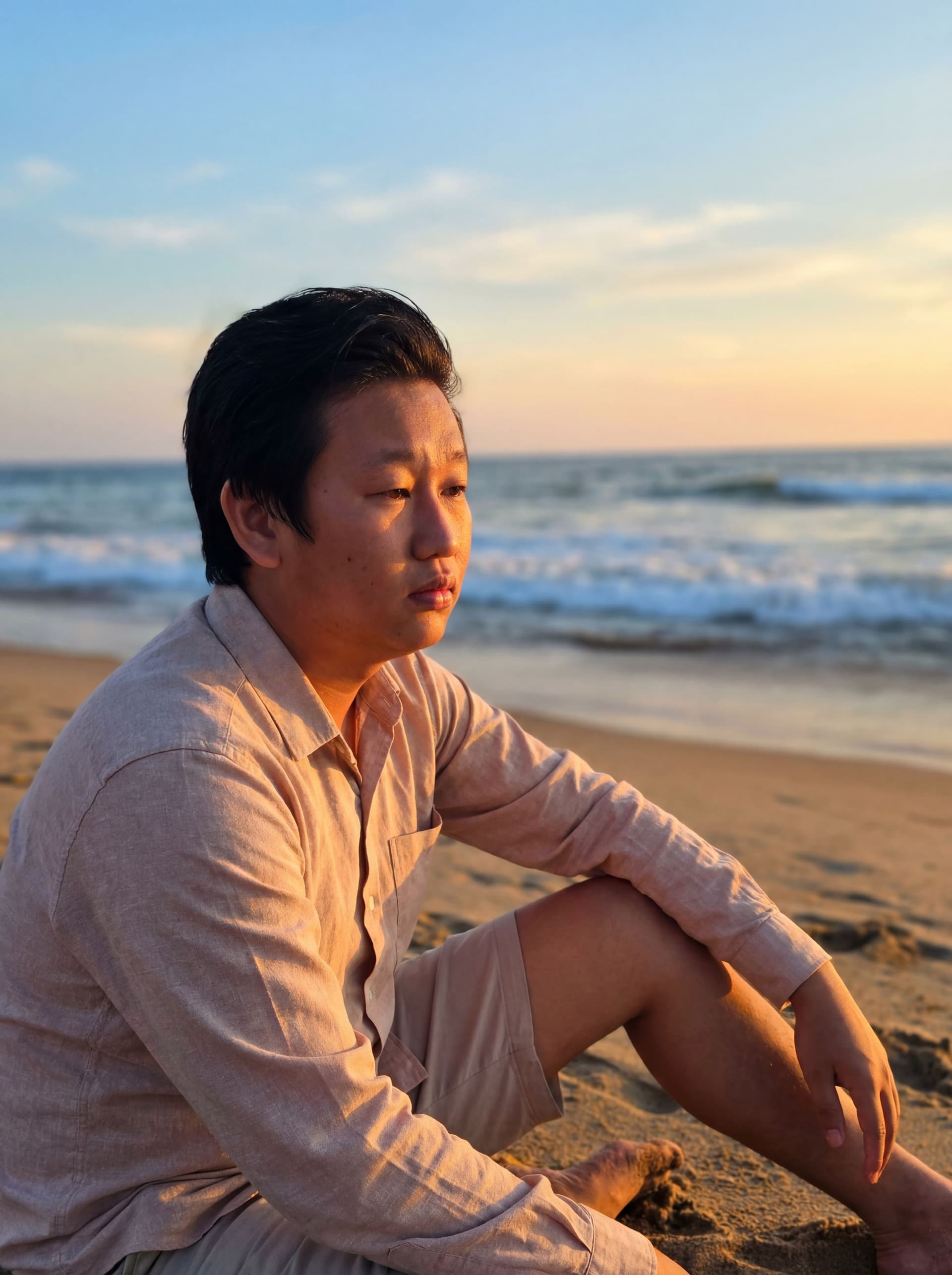 AI generated: A cinematic, ultra-realistic scene of a young boy sitting on the beach 