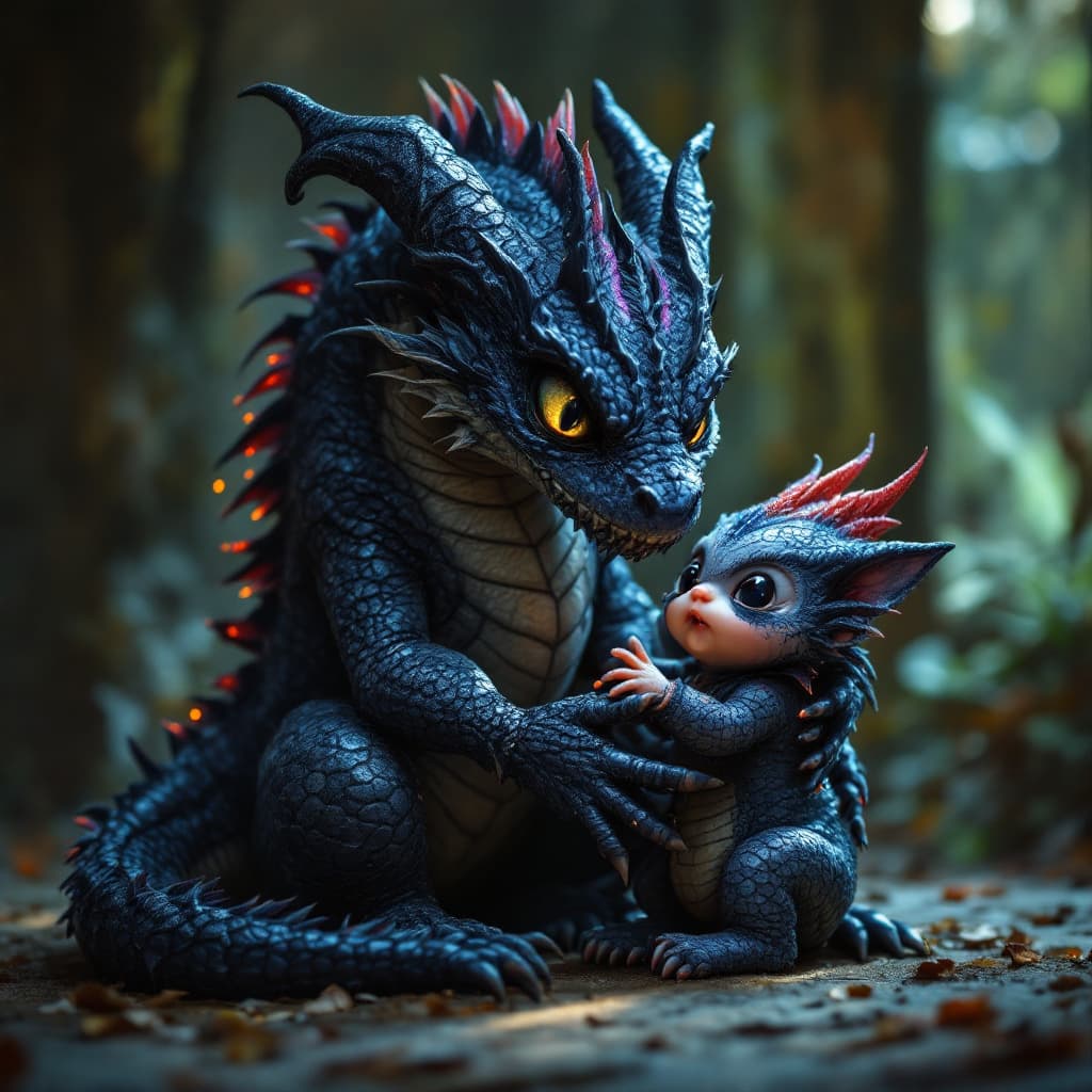 AI generated: blacklight dragon and her baby