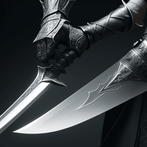 AI generated: close-up view of a knight wielding a long black sword, intricate design and the reflections along it...