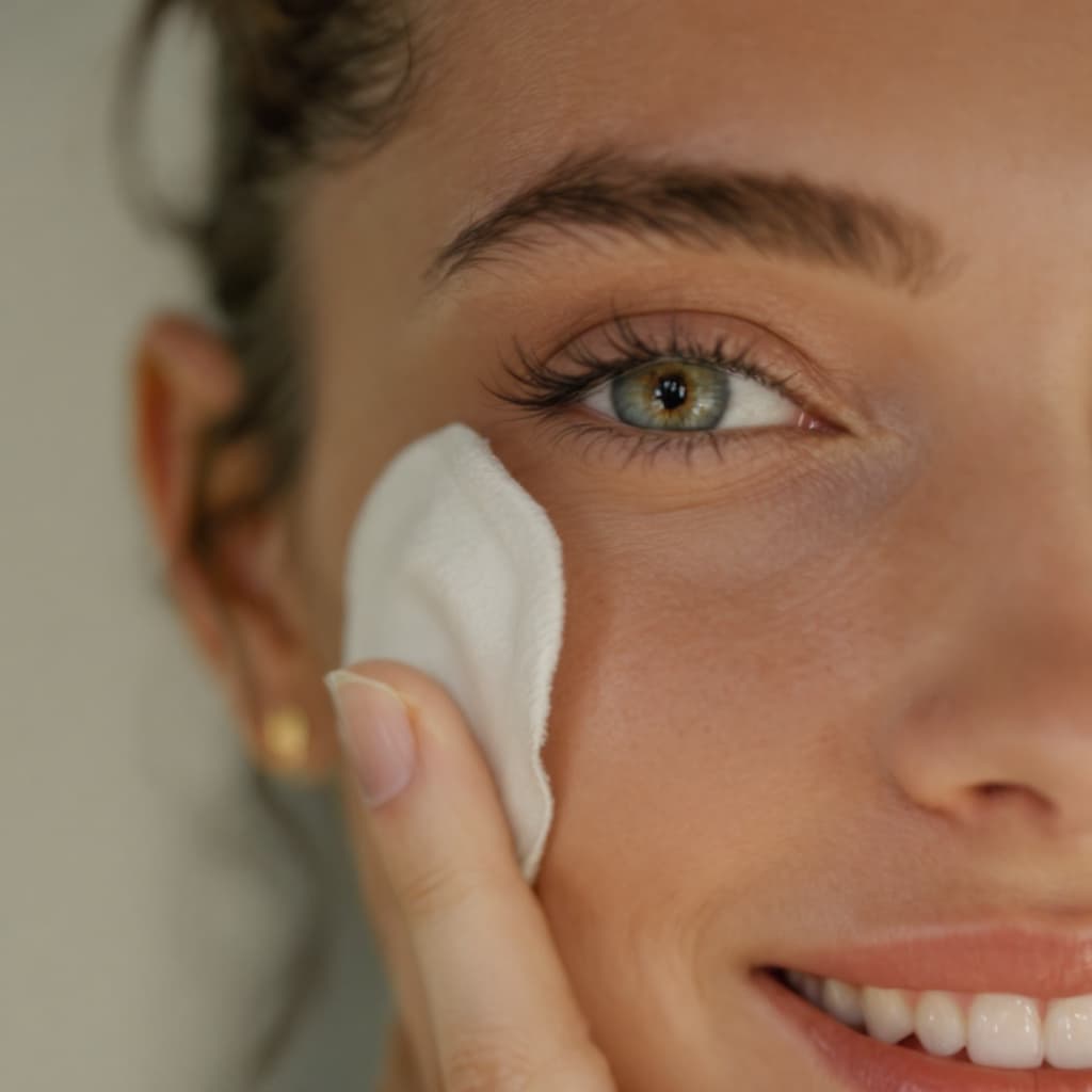 AI generated: A photo model with one used cotton pad stuck to her forehead.