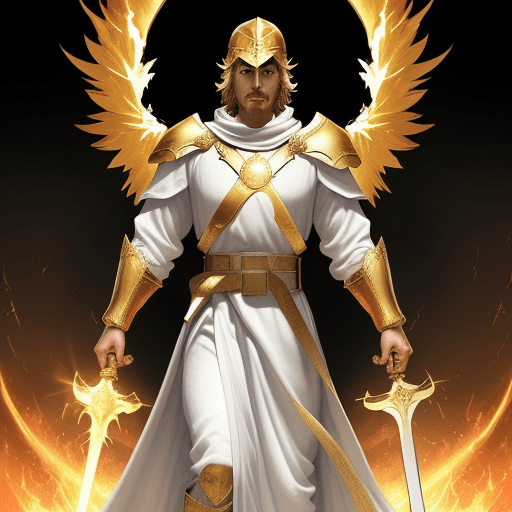 AI generated: A mighty angel with a golden sword in his right hand and a shield in his left hand and his eyes were...